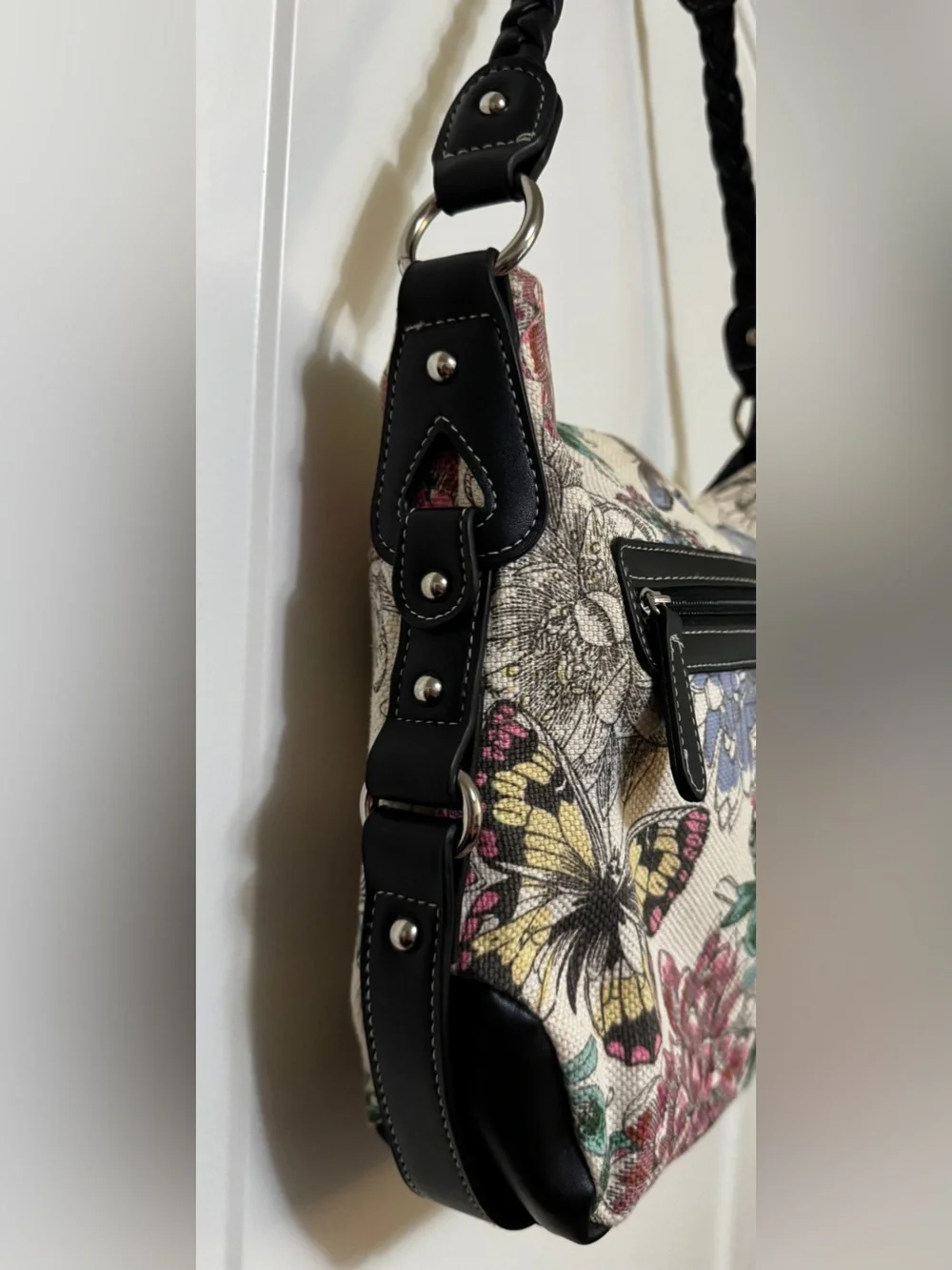 Stone & Co Floral Butterfly Tapestry Shoulder Bag Braided Strap Hobo
